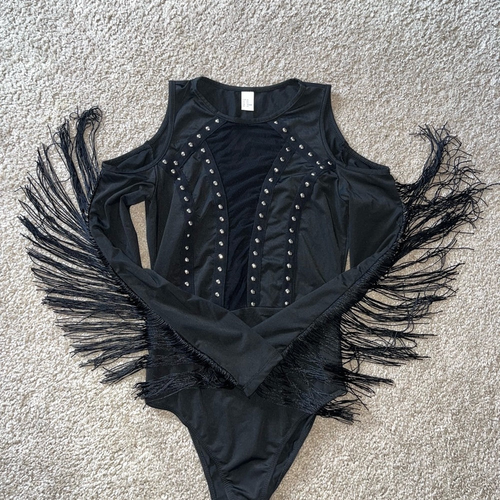 Edgy Black Fringe Bodysuit